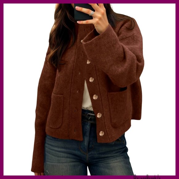 Chunky Knit Cardigan with Pockets Mock Neck Button Front Winter Casual